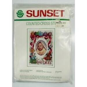 VTG SUNSET Counted Cross Stitch Kit Baby Christmas 5x7 Frame Multi-color Unopene